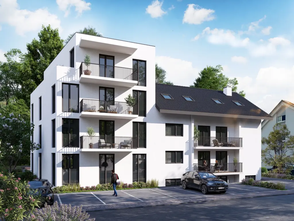 Visualisierung Aussenfassade Neubau Immobilie Bauprojekt Bauvorhaben mit Balkon in Bad Bellingen der K&G Wohnbau GmbH