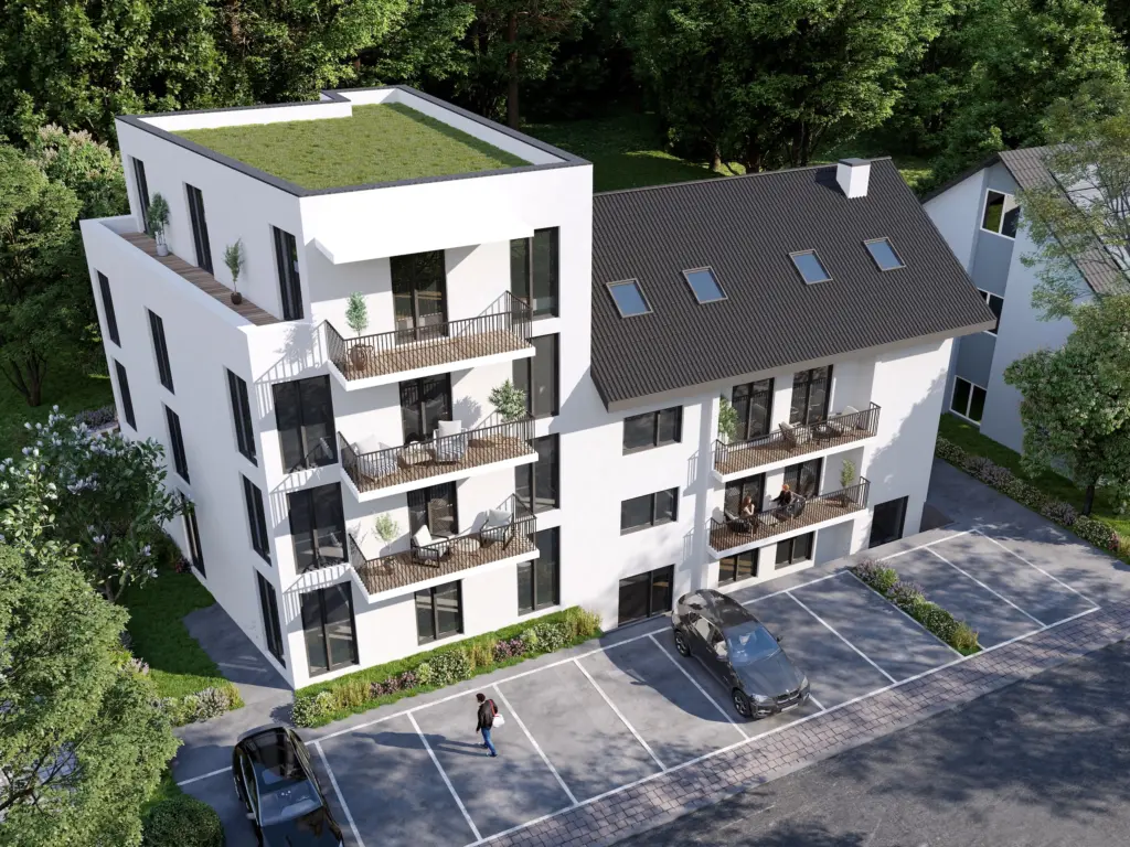 Visualisierung Aussenfassade von oben Neubau Immobilie Bauprojekt Bauvorhaben mit Balkon in Bad Bellingen der K&G Wohnbau GmbH