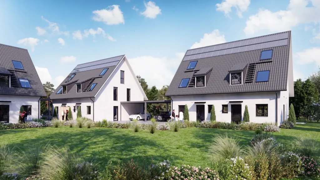 Visualisierung Doppelhaushaelften Immobilie Bauprojekt Bauvorhaben Aussenfassade in Maleck der K&G Wohnbau GmbH
