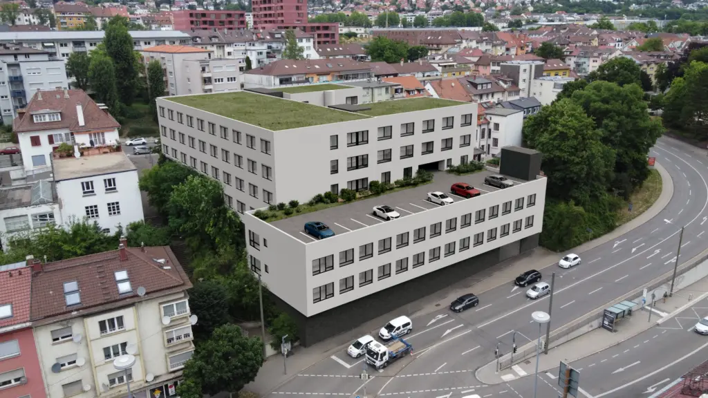 Visualisierung von oben Grossprojekt Studentenappartements Bauprojekt Bauvorhaben in Pforzheim der K&G Wohnbau GmbH als Generalunternehmer